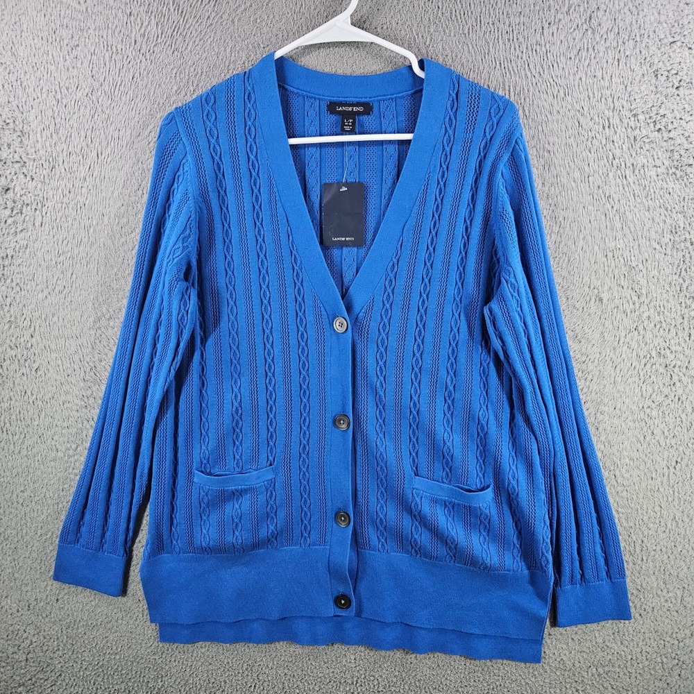 Lands End‎ Womens Blue Cable Knit Button Front Cardigan Sweater L/P Petite NEW